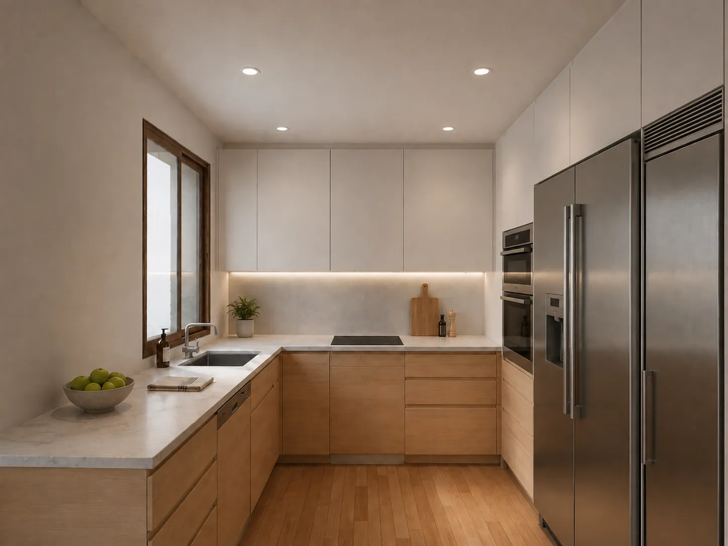 Render de la cocina de la Casa G11, con muebles de madera, encimera clara y frigorífico de acero integrado en la columna de armarios
