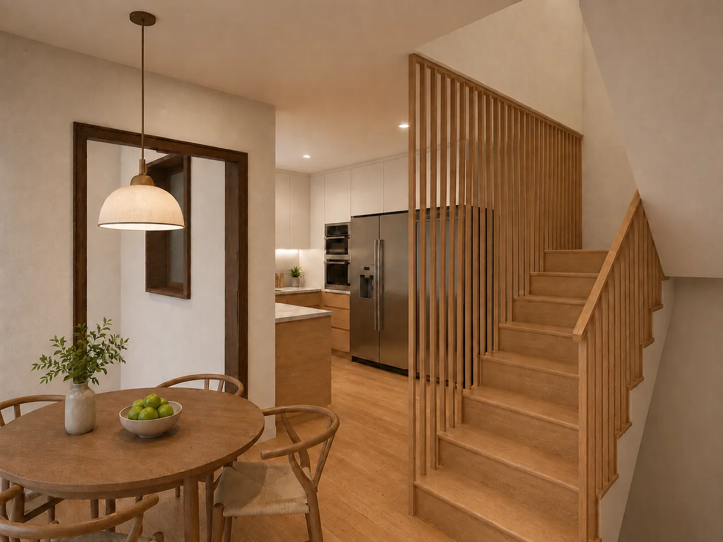 Render del comedor de la Casa G11, con mesa redonda de madera bajo una lámpara colgante y la escalera de listones de madera al fondo