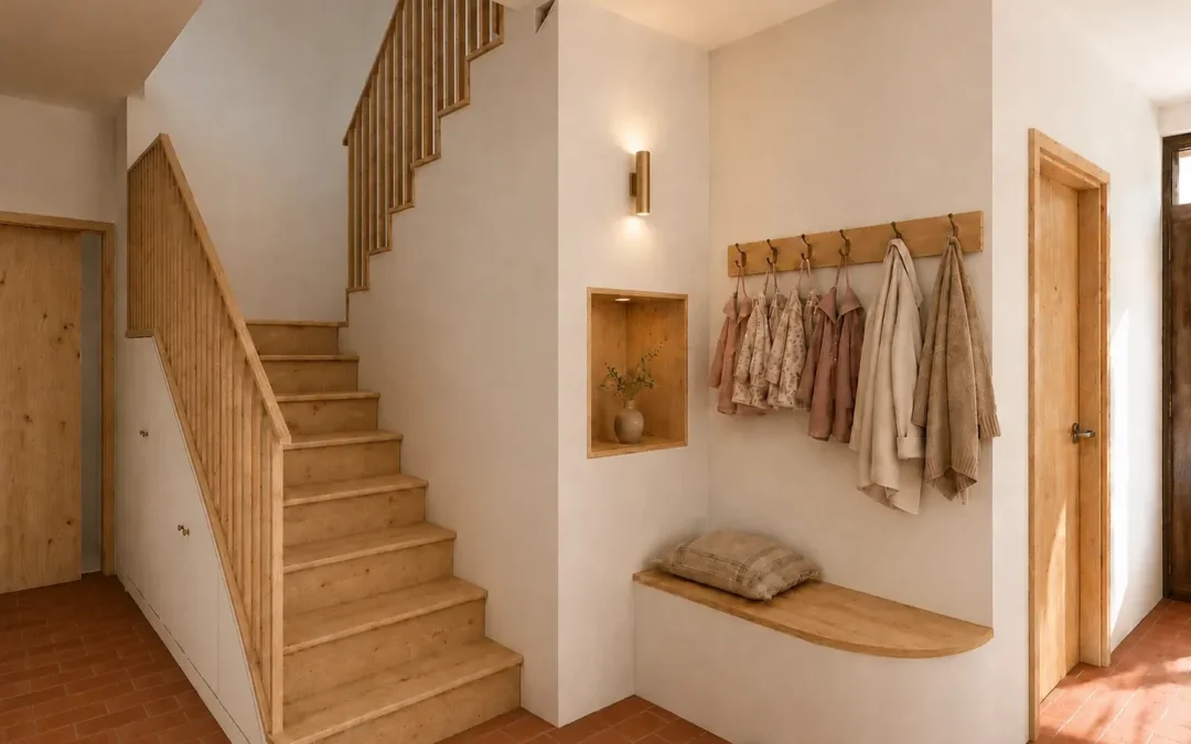 Entrada de la Casa G11, con la escalera de madera