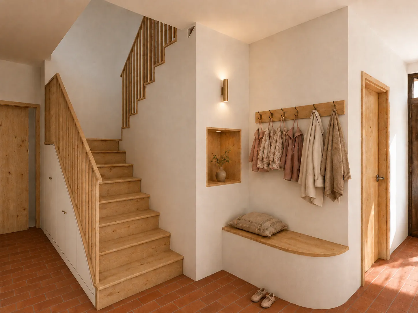 Render del distribuidor de entrada de la Casa G11, con la escalera de madera, un banco a medida y percheros