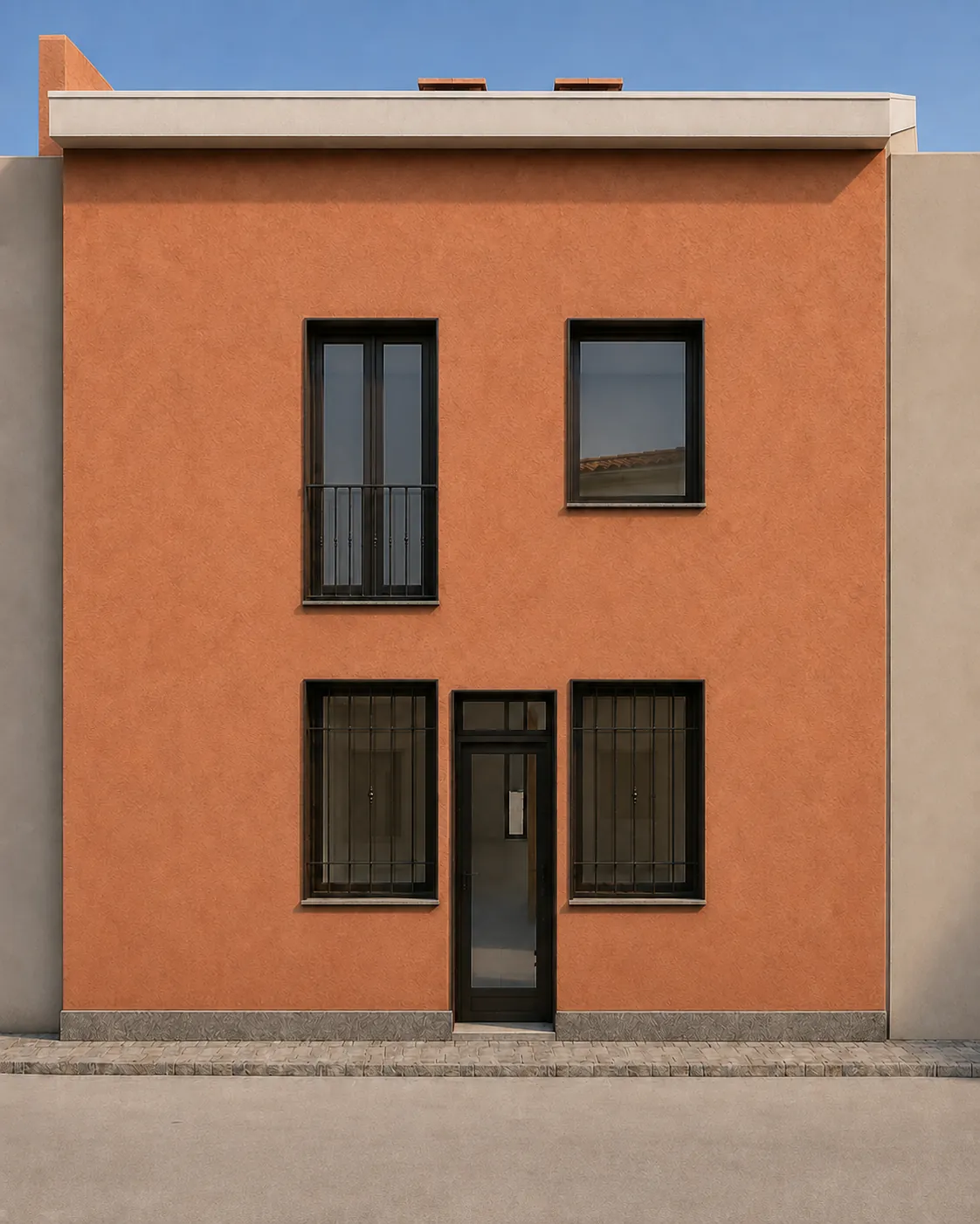 Render de la fachada de la Casa G11, una vivienda de obra nueva de dos plantas en color terracota con carpinterías oscuras