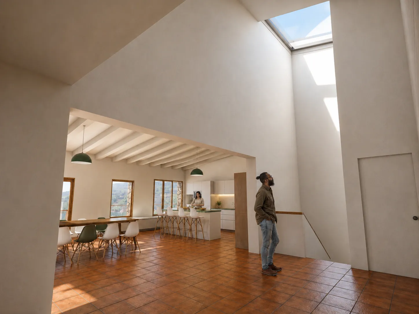 Render del acceso a la vivienda de la casa rural El Cuartillejo, con el nuevo lucernario y el salón comedor al fondo