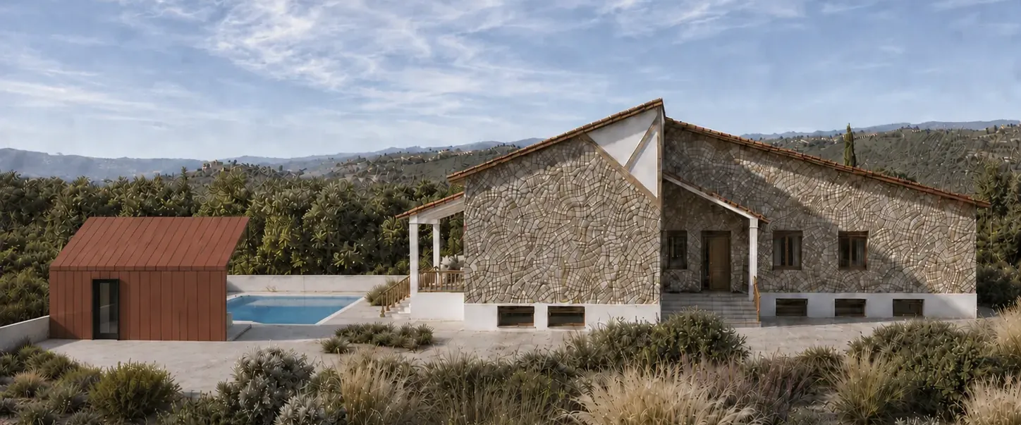 Render de la casa rural El Cuartillejo: vivienda de piedra con porche, piscina y pabellón de barbacoa en una parcela rodeada de monte
