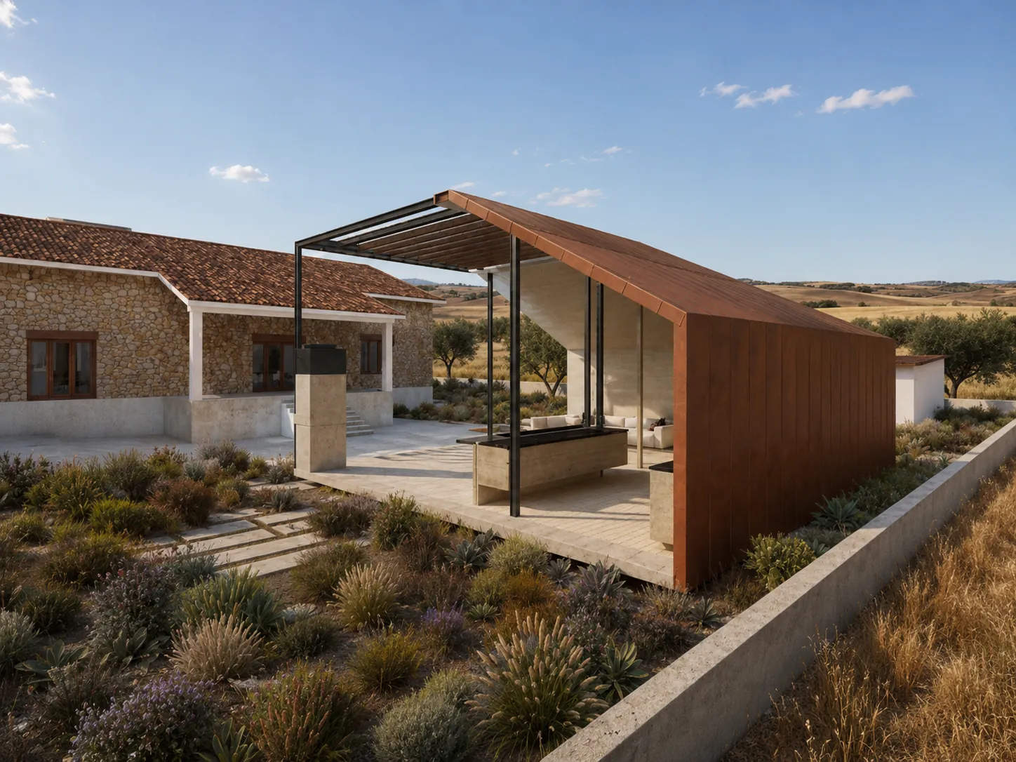 Render de la nueva construcción ligera para barbacoa y reunión exterior, junto a la vivienda de piedra y rodeada de vegetación