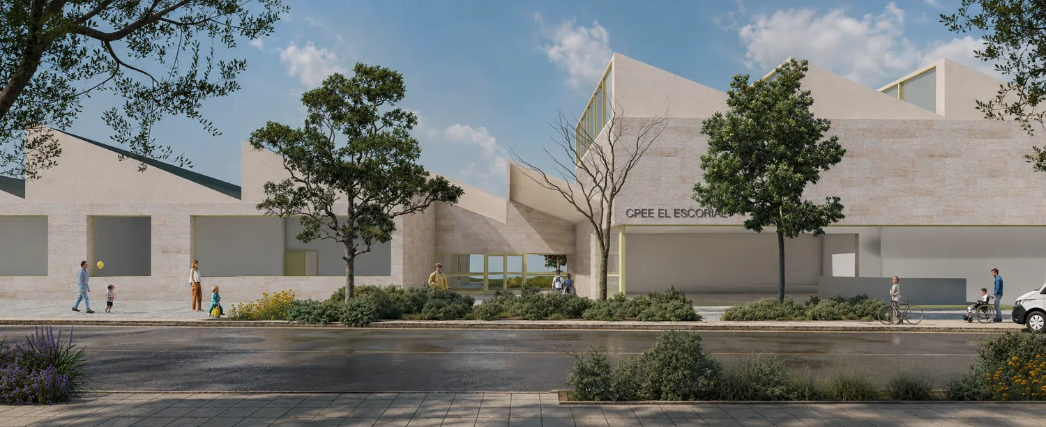 Render de la fachada del centro de educación especial en El Escorial, un edificio bajo con cubierta en diente de sierra junto a la calle