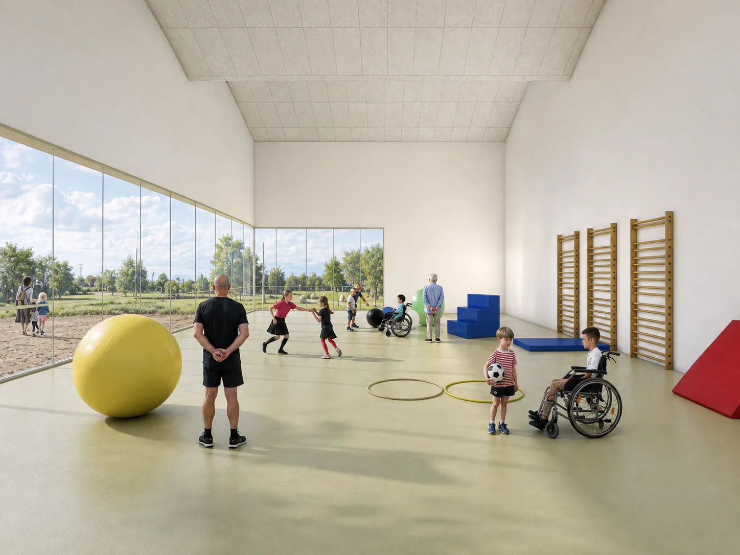 Render del gimnasio del centro, luminoso y abierto al exterior, con alumnos haciendo actividades de psicomotricidad