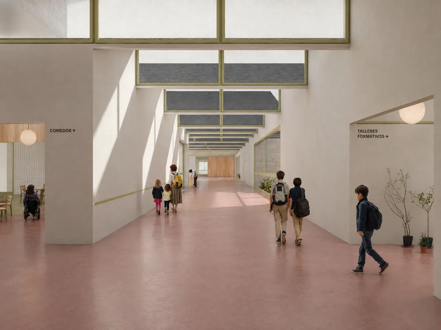 Render del pasillo principal del centro, con luz cenital desde la cubierta y alumnos camino de las aulas y los talleres