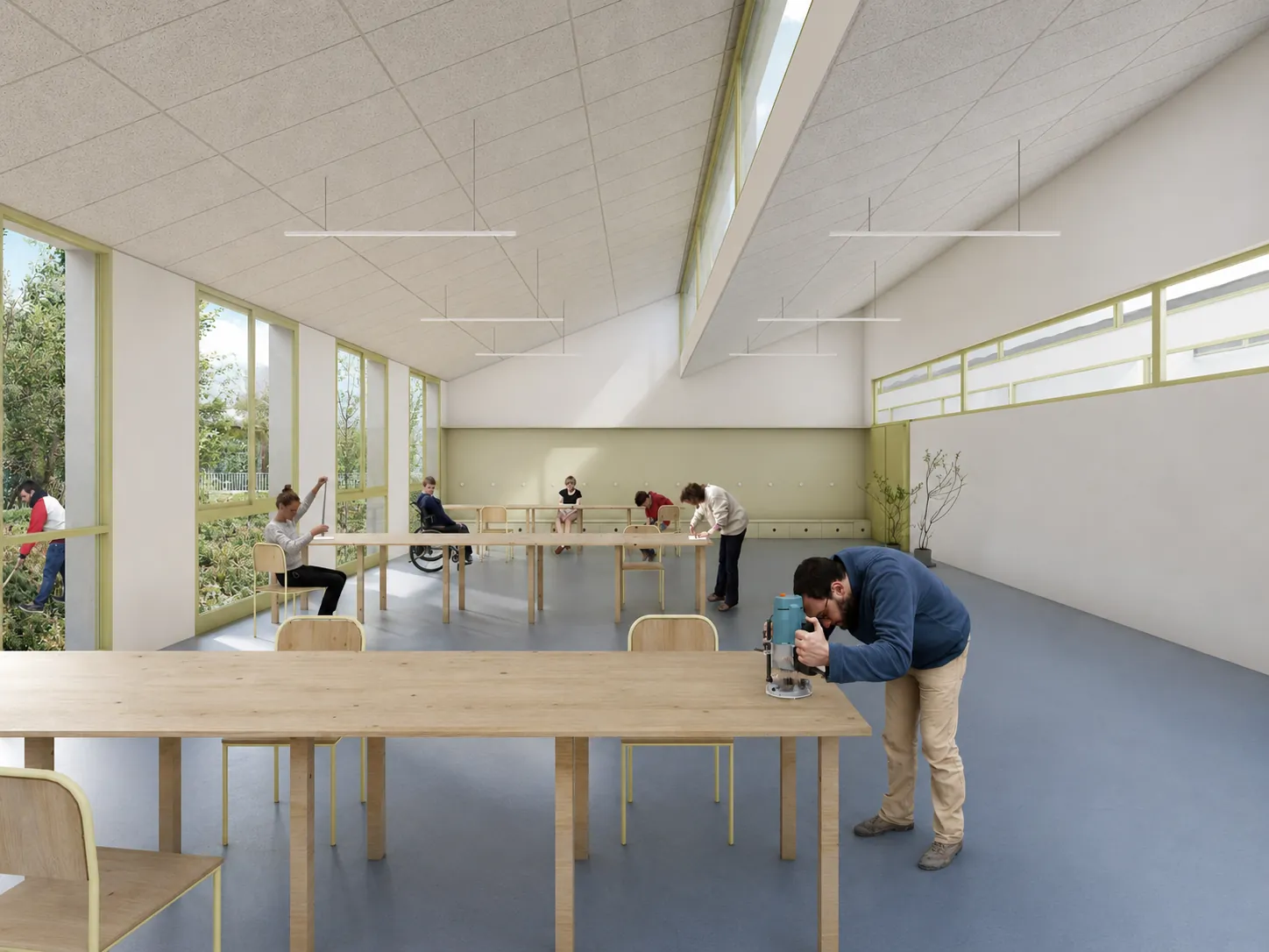 Render de un taller formativo con mesas de madera y luz cenital que entra por la cubierta en diente de sierra