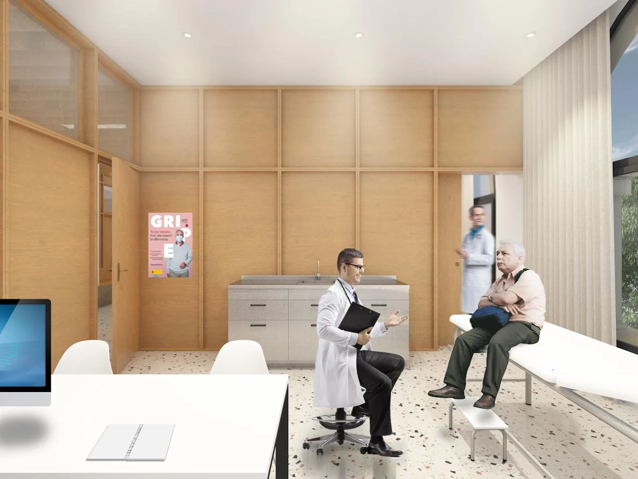 Render de una consulta médica del centro de salud rehabilitado, con revestimientos de madera y suelo de terrazo