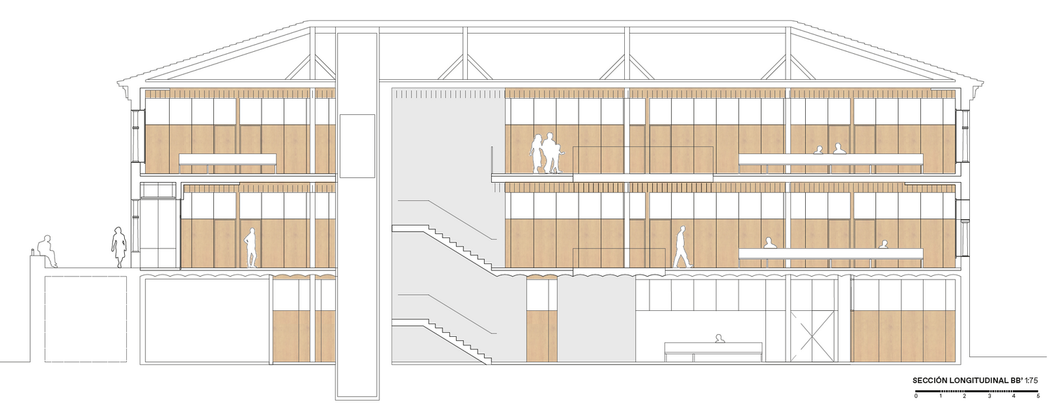 Sección longitudinal del proyecto de rehabilitación del centro de salud de Cáceres