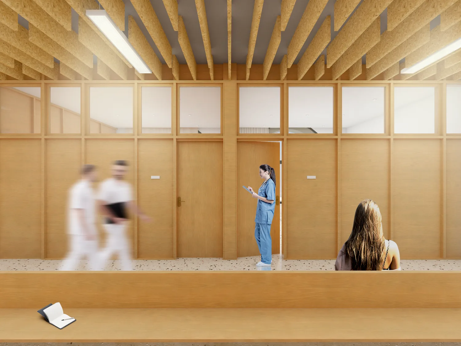 Render de la zona de consultas y recepción del centro de salud, con acabados de madera e iluminación LED