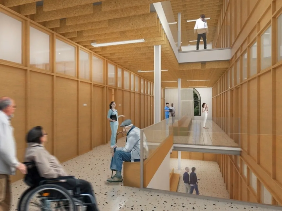 zona de consultas y recepción del centro de salud, con acabados de madera