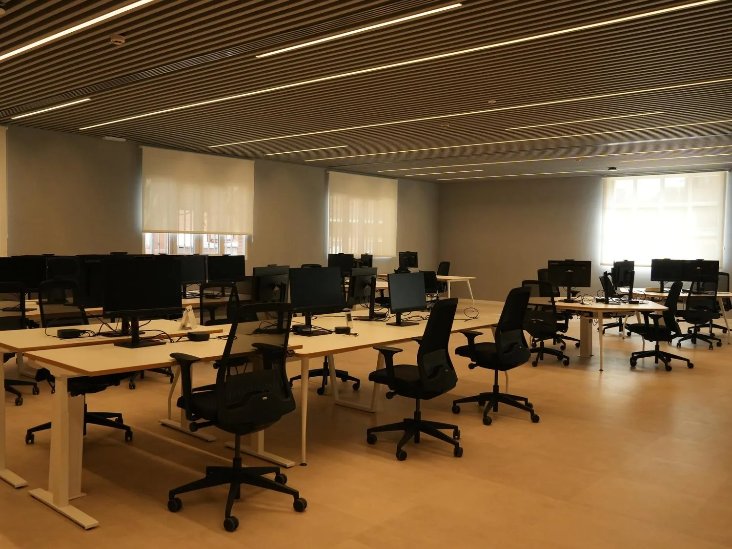 Espacio de trabajo abierto con puestos operativos e iluminación lineal en UFD Naturgy
