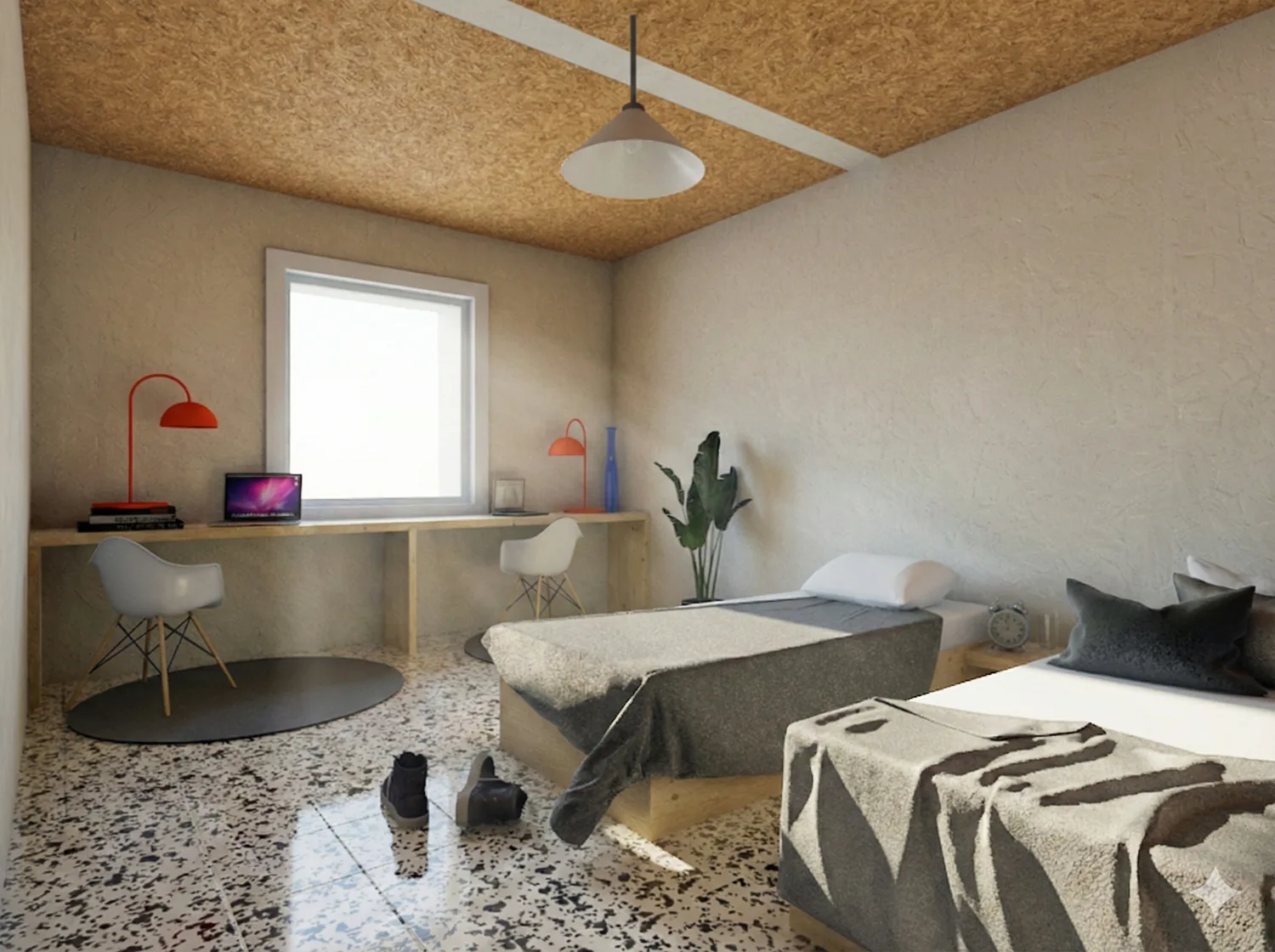 Render de un dormitorio adaptado para PMR en la residencia, con escritorio y acabados cálidos Render de un dormitorio adaptado para PMR en la residencia, con escritorio y acabados cálidos