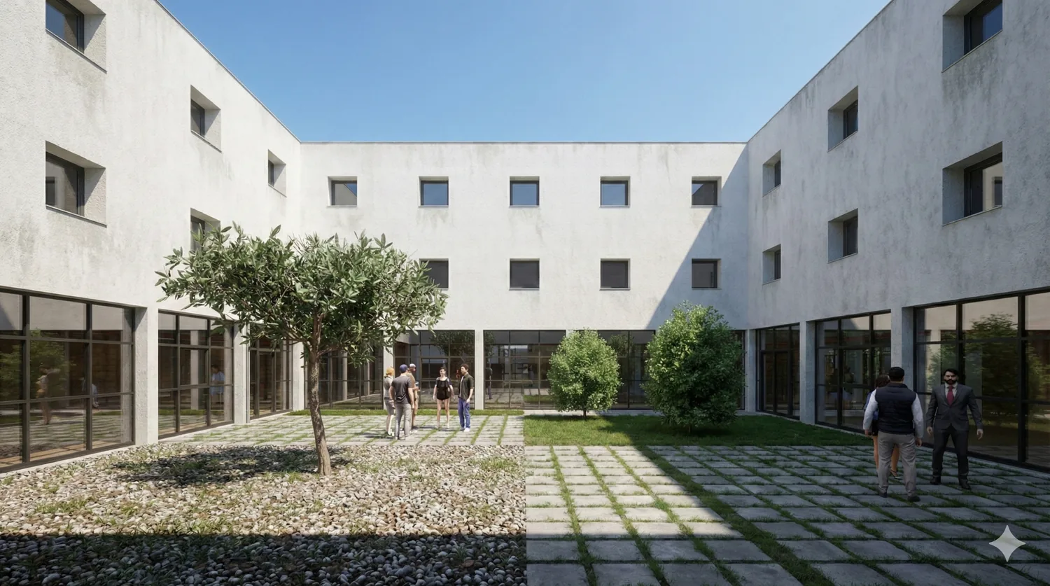 Render de un patio interior recuperado, con olivo y pavimento de grava que aporta luz y ventilación Render de un patio interior recuperado, con olivo y pavimento de grava que aporta luz y ventilación