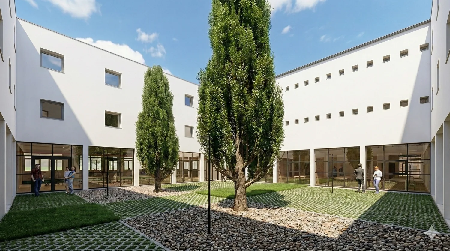 Render de un patio interior de la residencia recuperado como espacio de relación y descanso Render de un patio interior de la residencia recuperado como espacio de relación y descanso