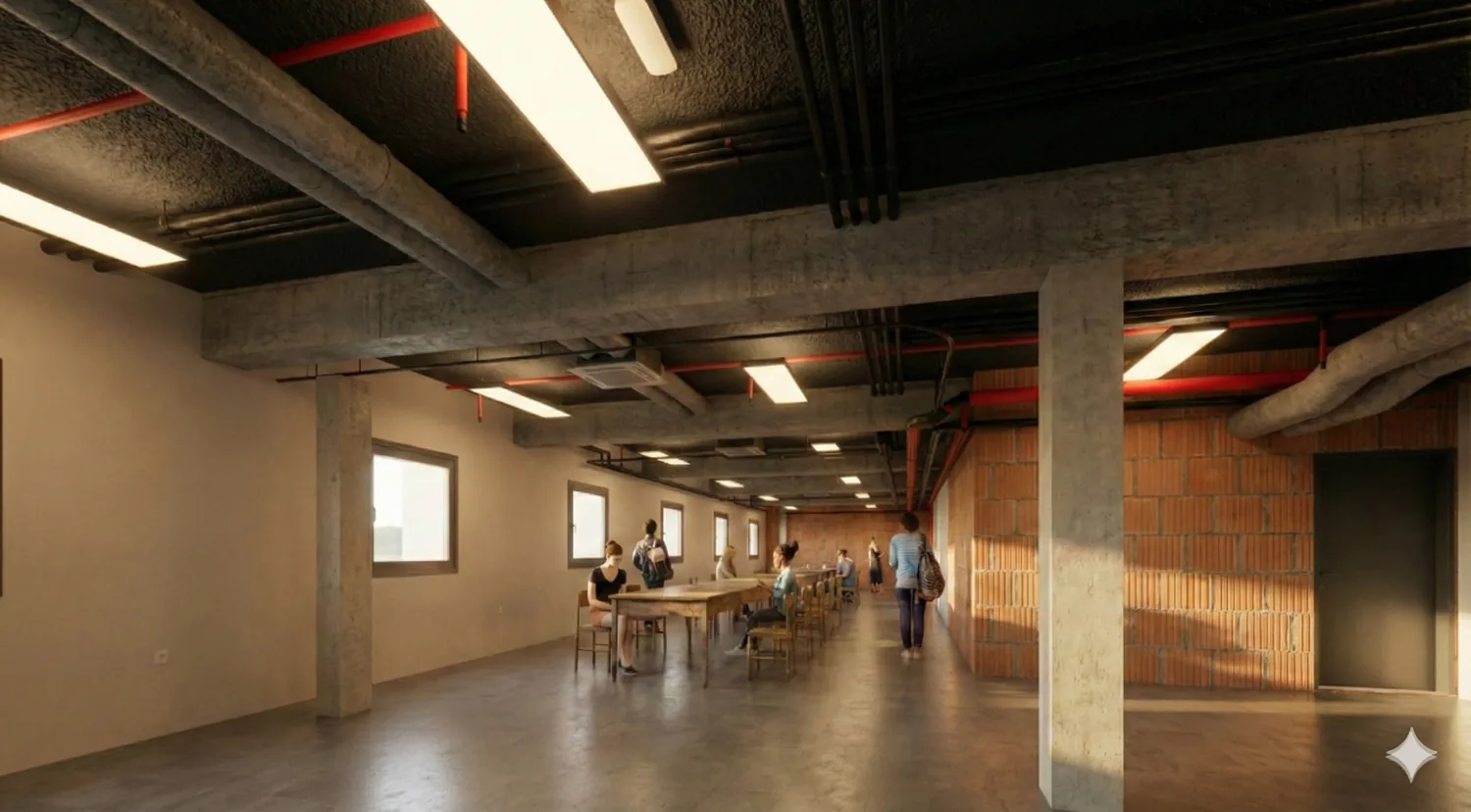sala de estudio para los residentes, con estructura vista e iluminación cálida sala de estudio para los residentes, con estructura vista e iluminación cálida